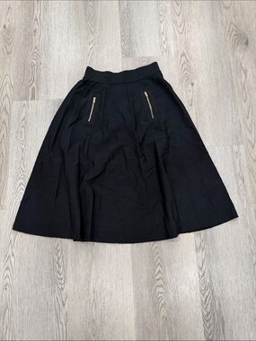 Black A-Line Mid-Length Skirt with Gold Zipper Accent